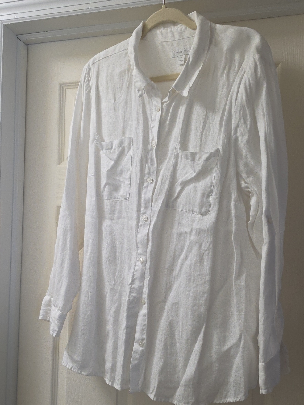 Womens Plus Size White Long-Sleeve Button-Up Shirt Linen
